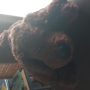 Brown dog with green bow stuffed animal